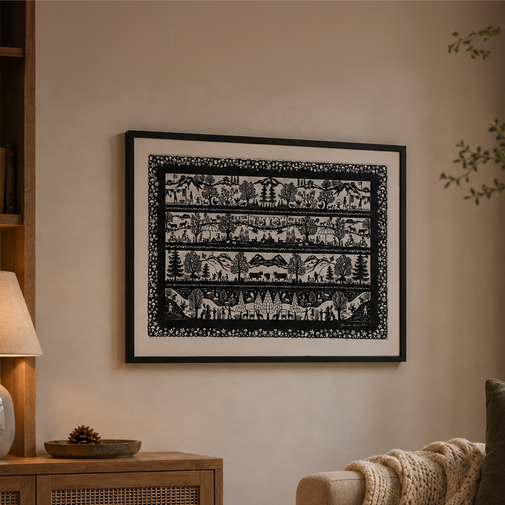 Framed black-and-white nature-themed textile artwork on a beige living-room wall.