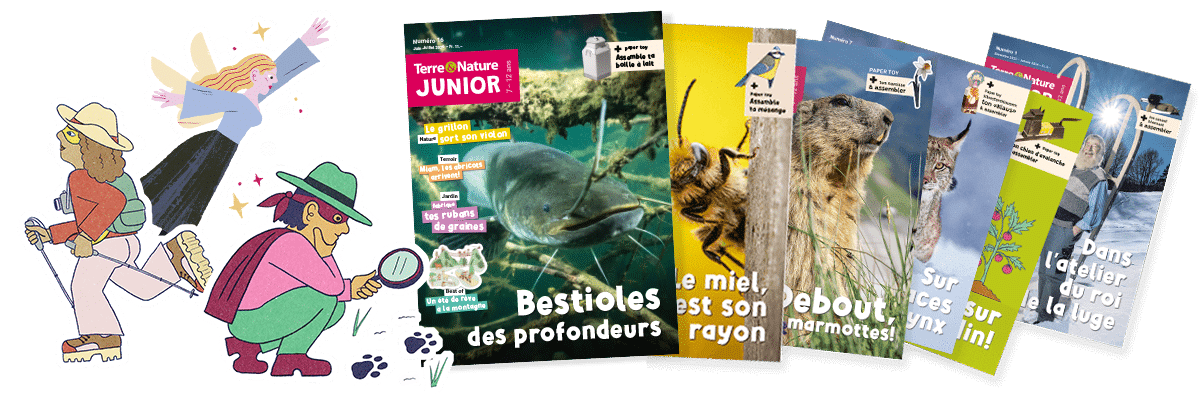 Fanned-out nature magazines with animal photos, plus three cartoon hikers on the left.