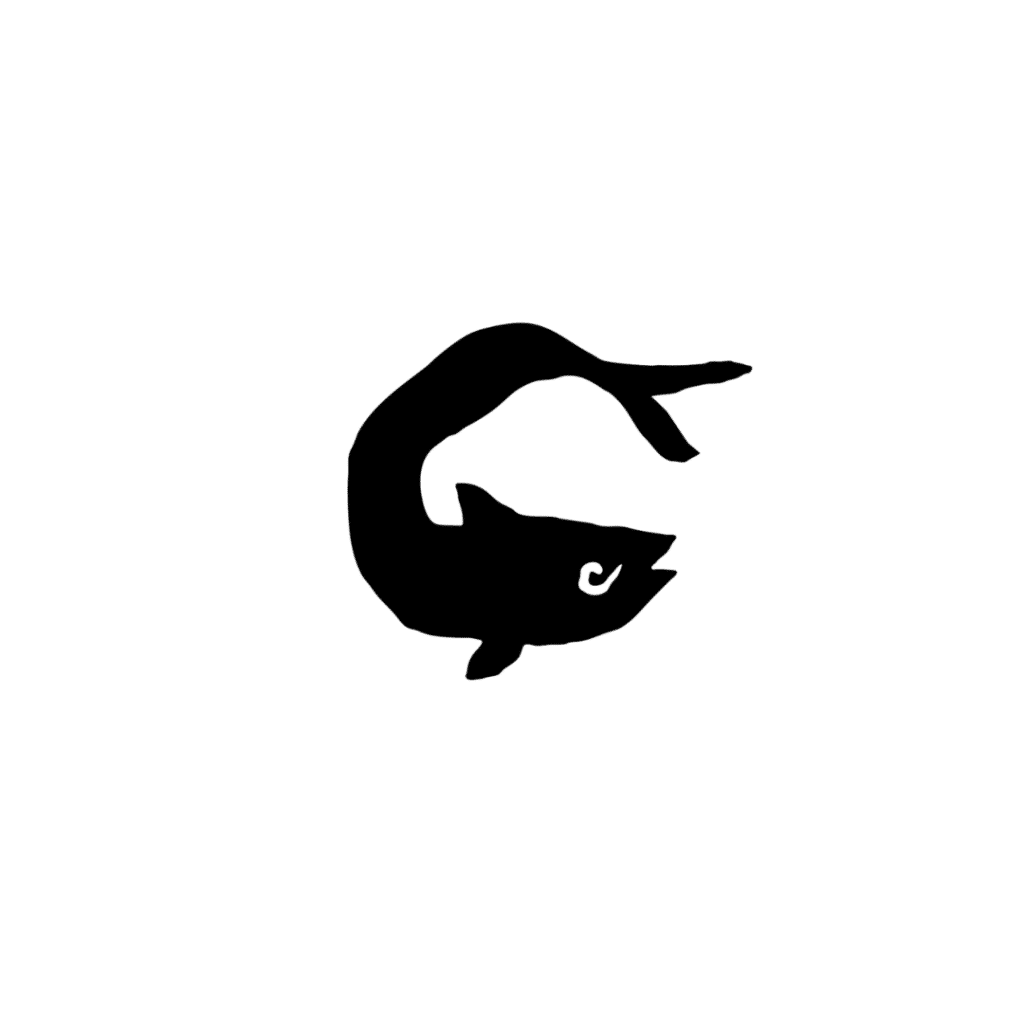 Abstract black fish silhouette curling into a loop, used as a logo in a circular shape.